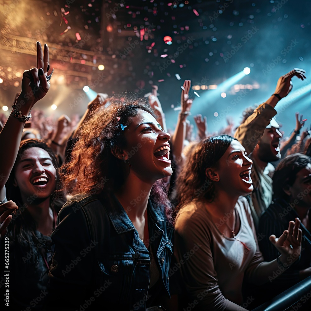 Obraz premium Close Up Friends Cheering Their Favorite Band or Singer Performing on Stage