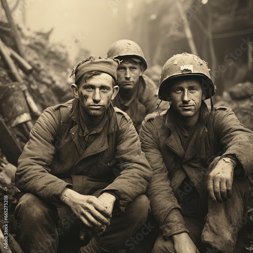 US Military Soldiers WWII on Battlefield Sacrifice and Armed Conflict Archival Concept