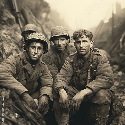 US Military Soldiers WWII on Battlefield Sacrifice and Armed Conflict Archival Concept