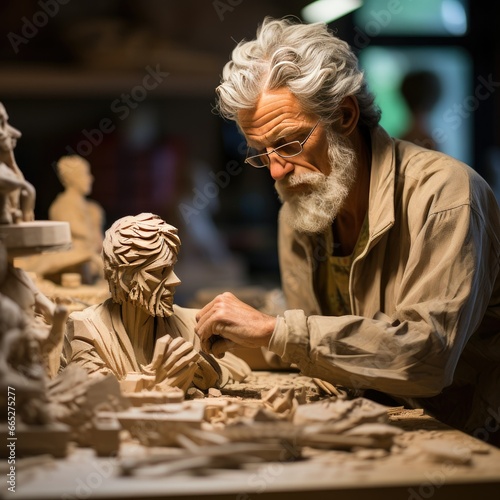 Wood Sculptor Sculpting Statue Artisan Carpenter working with Material Concept
