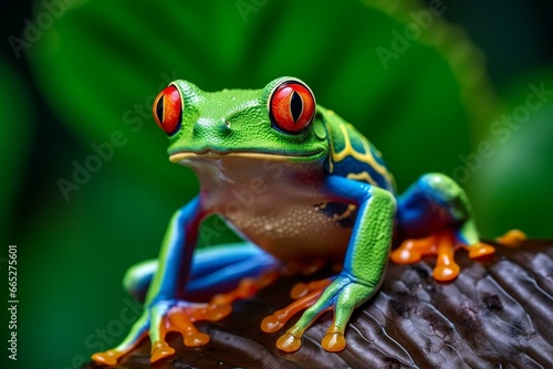 Close-up red-eyed frog on green leaf. Terrarium, zoo lab, zoology, herpetology, science, education. Neotropical rainforest wildlife. Generative AI