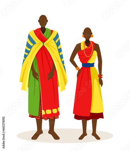 People in african clothes concept. Couple in red and green wear. Culture, ethnicity and traditions of Africa. Sticker for social networks. Cartoon flat vector illustration isolated on white background