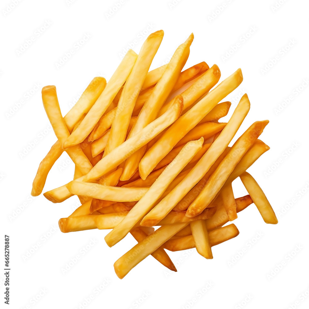 French fries isolated on transparent background, above top view, crispy