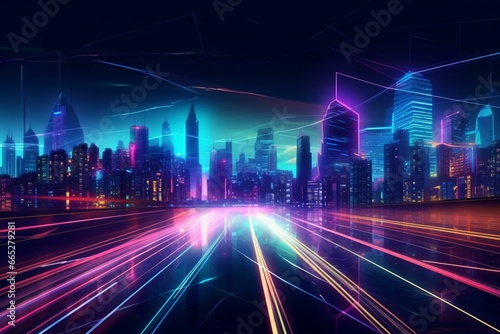 Background with vibrant light trails in a dynamic cityscape adorned with glossy neon gradients. Generative AI