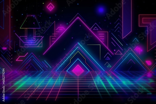 Retro-futuristic cyber backdrop with 80s vibes. Neon lights and geometric patterns. Generative AI © Isadore