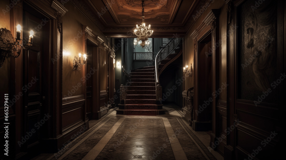 Staircase at the end of a victorian hallway - obrazy, fototapety, plakaty 