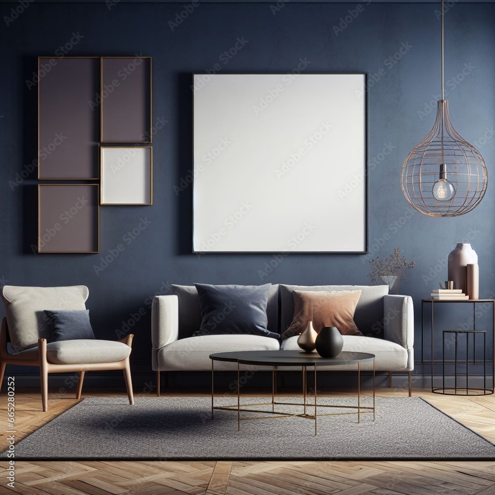 Living Room Interior Design Mockup on an Indigo Wall Background Living Room Interior Design Mockup on an Indigo Wall Background