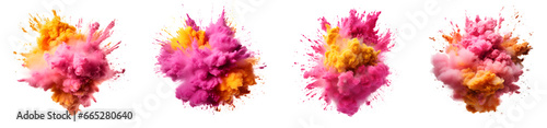 Set of powder explosion pink and yellow, Paint holi, Colorful paint splash elements for design, isolated on white and transparent background