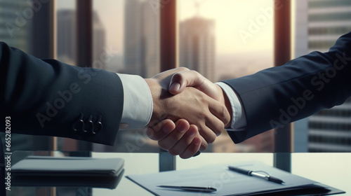 Handshake of businessmen in business suits in the office