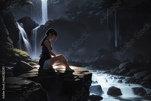 Waterfall Solitude: AI-Generated Anime Illustration of a Woman Silhouetted on a Rock by a Waterfall Under Soft Night Light, Rendered in Niji Style
