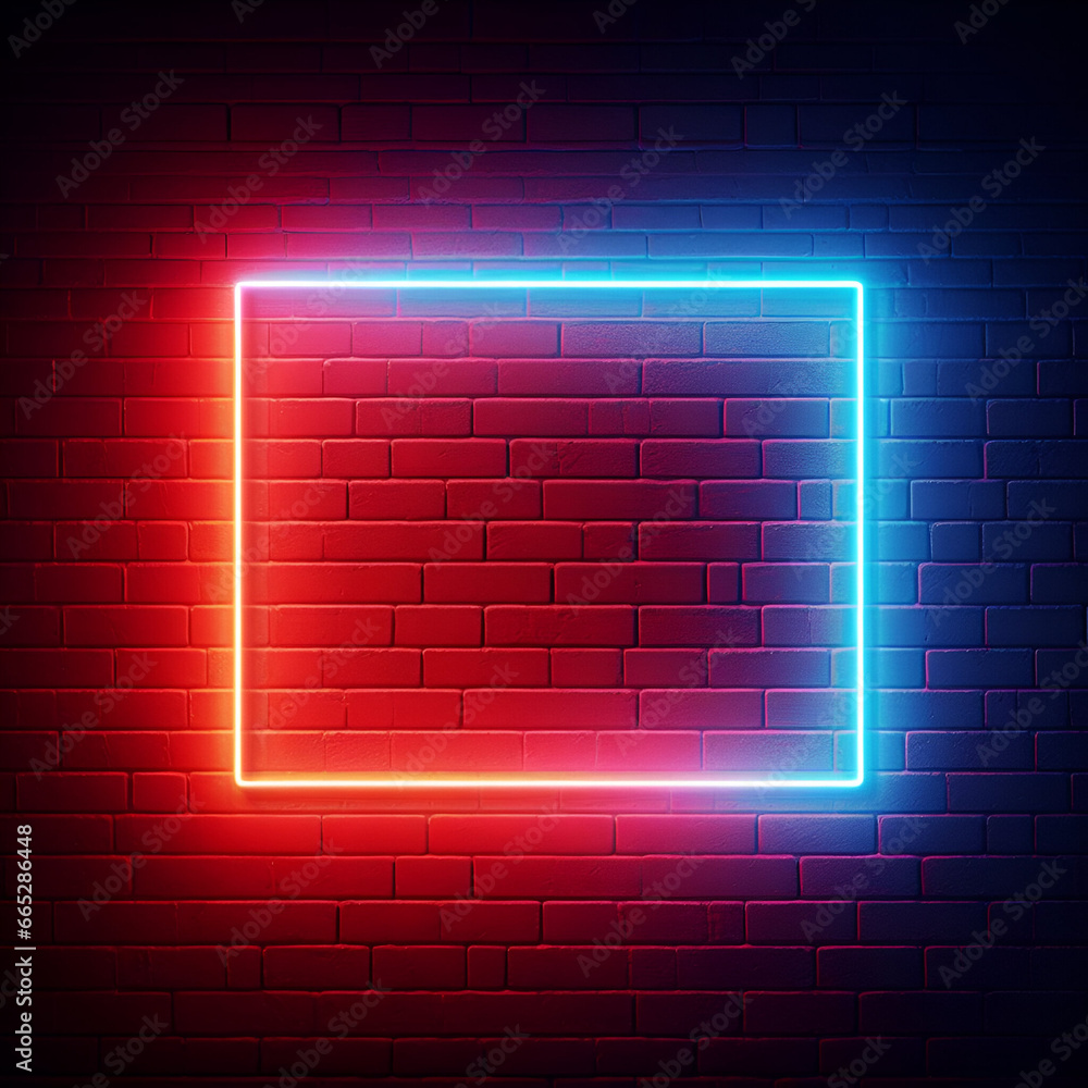 Abstract glowing recta neon red and blue light on a brick wall  - obrazy, fototapety, plakaty 