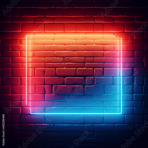 Abstract glowing neon red and blue flurescent lines on a brick wall  photo