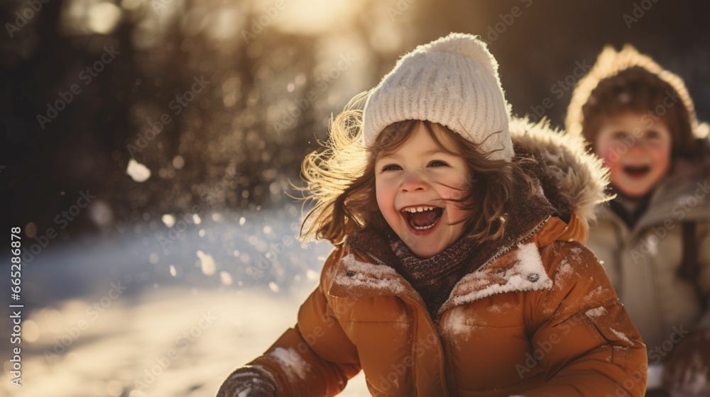Cute little Happy kid wearing worm clothes playing outdoors in cold winter with copy space background, winter holiday concept Cute little Happy kid wearing worm clothes playing outdoors in cold winter with copy space background, winter holiday concept