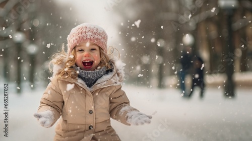 Cute little Happy kid wearing worm clothes playing outdoors in cold winter with copy space background, winter holiday concept