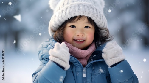 Cute little Happy kid wearing worm clothes playing outdoors in cold winter with copy space background, winter holiday concept