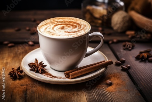 A cozy scene of a honey cardamom latte with a frothy cream top sitting on a rustic wooden table in soft morning light