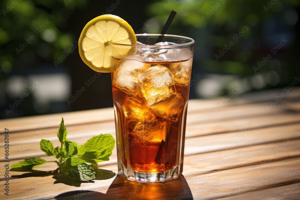 A chilled glass of unsweetened iced tea with lemon and mint accents on a sunny summer day A chilled glass of unsweetened iced tea with lemon and mint accents on a sunny summer day