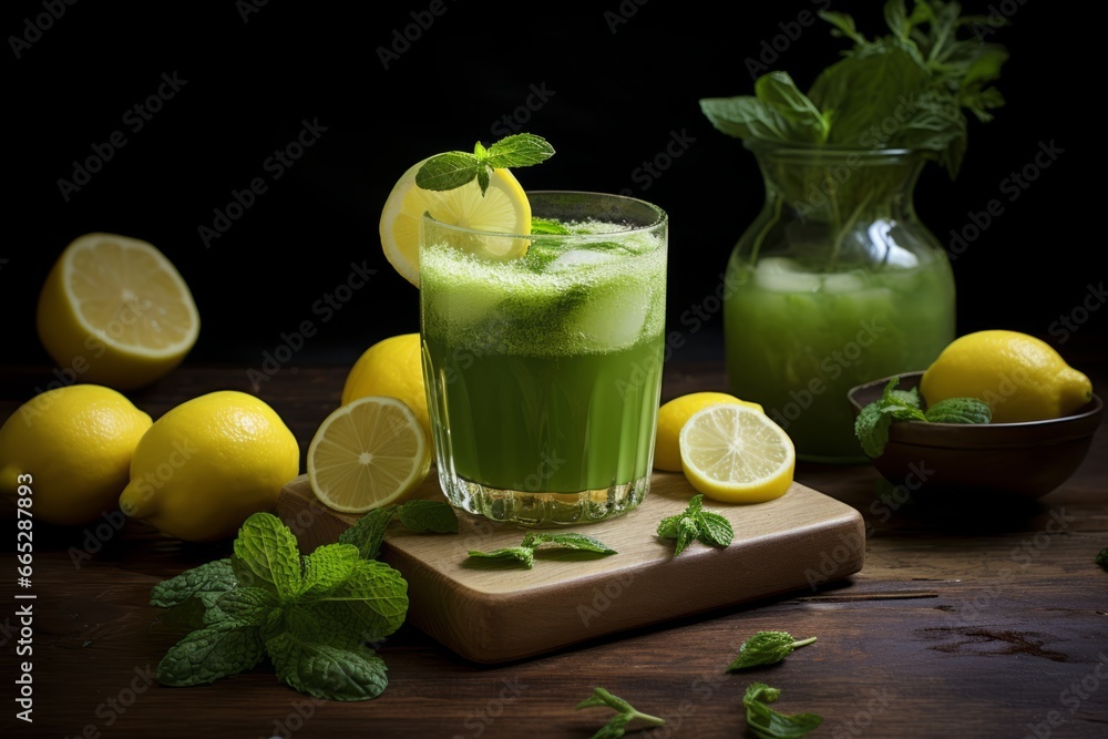A Vibrant Glass of Icy Matcha Lemonade Nestled Amongst Fresh Lemons and Matcha Powder A Vibrant Glass of Icy Matcha Lemonade Nestled Amongst Fresh Lemons and Matcha Powder