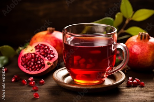 A warm cup of antioxidant-rich pomegranate tea nestled among autumn leaves on a vintage wooden table