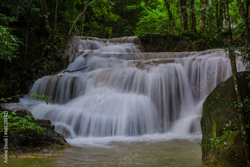 Erawan Waterfall Thailand during rain season  a beautiful deep forest waterfall in Thailand. Erawan Waterfall in National Park