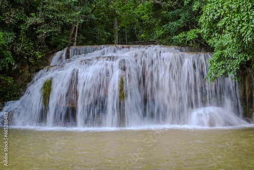 Erawan Waterfall Thailand during rain season, a beautiful deep forest waterfall in Thailand. Erawan Waterfall in National Park
