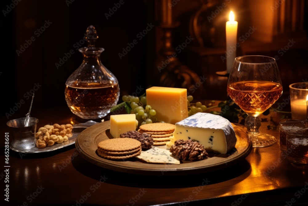 A Taste of Luxury: Armagnac Served with Aged Cheese and Crackers on a Vintage Table