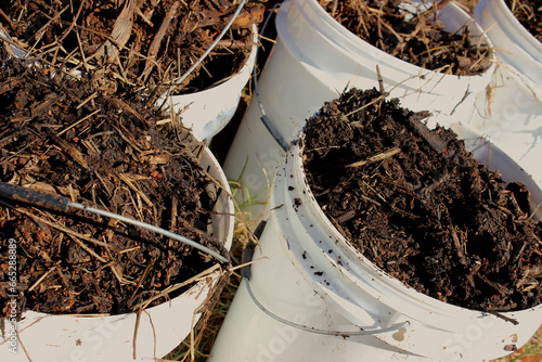 Fertilizer, organic compound or plant substrate stored in white buckets, collected from a compost bin and produced through the composting process.