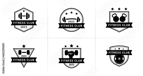 Fitness club emblem logo. Gym center symbol with equipment and star concept
