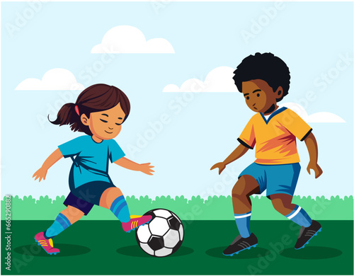 scene of a girl and a boy playing soccer, children playing football, futbol scene in the park