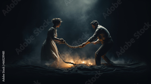 Man and woman tied with a rope. Lovers pulling ends of the rope. Concept of karmic ties, attachment, and relationships. photo