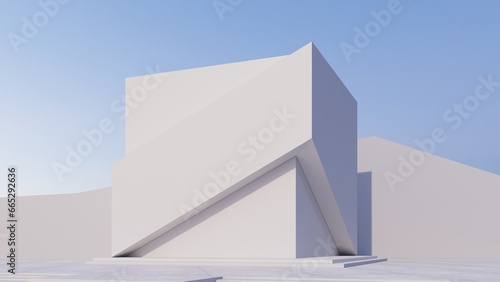 Abstract futuristic architecture design transparent cube shape, with sunset background