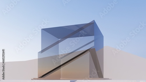 Abstract futuristic architecture design transparent cube shape, with sunset background