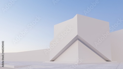 Abstract futuristic architecture design transparent cube shape, with sunset background © AuzaStudio