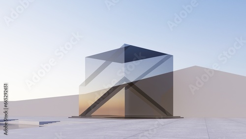 Abstract futuristic architecture design transparent cube shape  with sunset background