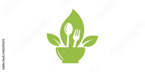 fork and spoon bowl logo design in leaves. organic food design. icon symbol for health restaurant food