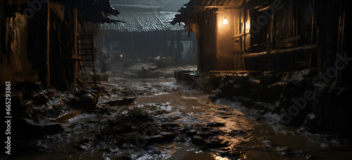 Old ghost town at night in ruins spooky and rainy Destroyed interior of collapsed building created.AI Generative 