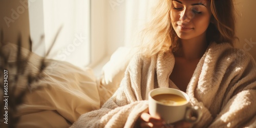 happy woman is relaxing with coffee drink in bedroom, generative AI