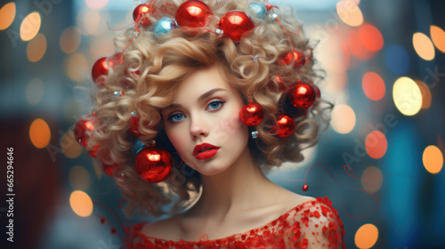 Christmas Woman Beauty. Beautiful Girl hairstyle in Fir Tree decor with Xmas Ornaments. Women Face Skin Winter Care. Fashion Model