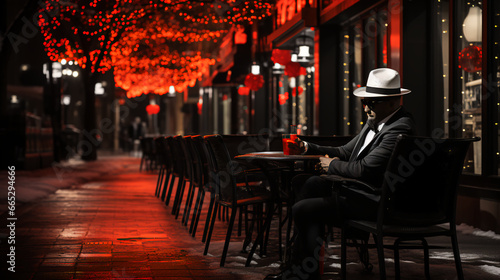 Man sitting at outside table - restaurant - lounge - bar Christmas lights - stylish - holiday - festive 