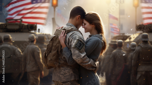 Happy military homecoming a man and woman hug each other while soldiers are in front of them, in the style of photorealistic rendering