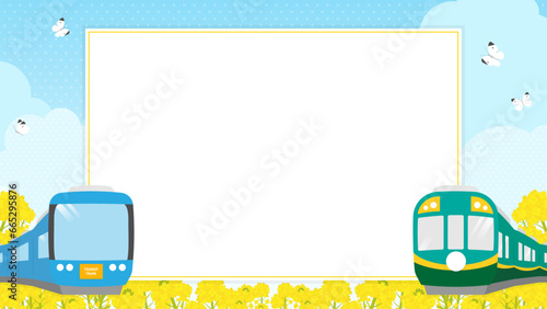 満開の菜の花と青空、電車のフレーム・背景素材（横向き16:9）
