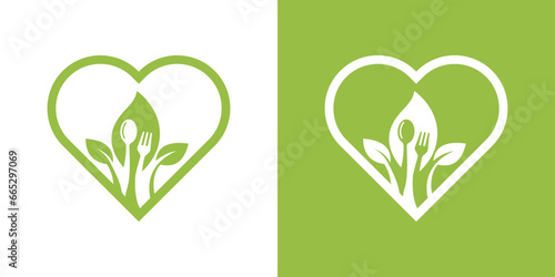 fork and spoon love logo design in leaf. organic food design. icon symbol for health restaurant food. love natural organic food
