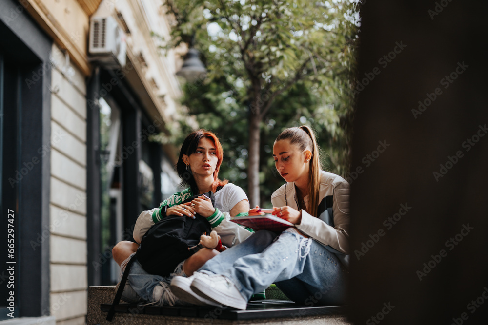 Two high school girls study outdoors, helping each other with homework, discussing school subjects, and preparing for an exam. They exemplify teamwork and friendship while enjoying education.