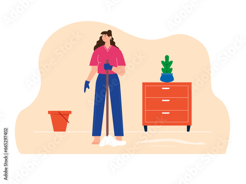 Woman is cleaning the house. Home activity vector illustration.