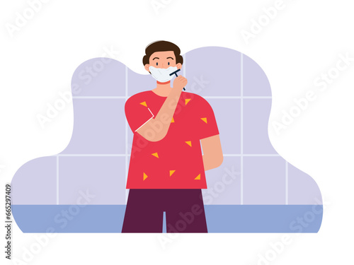 Man is shaving his mustache. Home activity vector illustration.