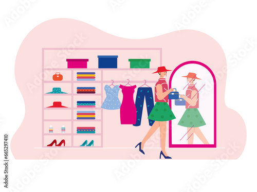 Woman is grooming. Home activity vector illustration.