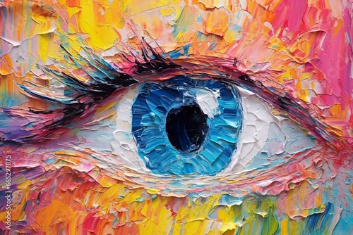 “Fluorite” oil painting. Conceptual abstract picture of the eye. Oil painting in colorful colors. Conceptual abstract closeup of an oil painting and palette knife on canvas. © Fatema