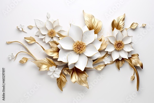 3d gold flowers white backgroung. © Fatema