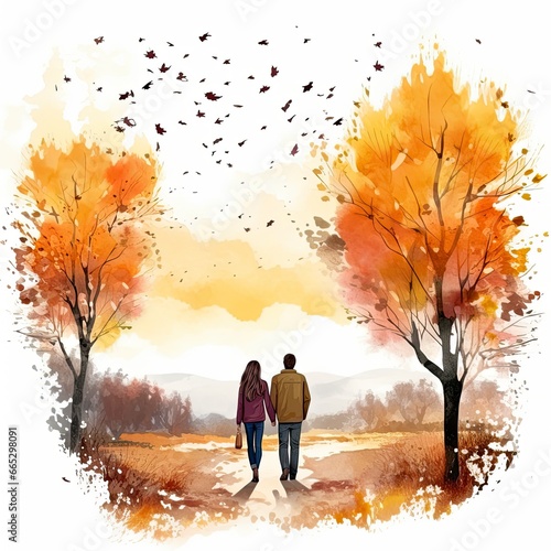 Watercolor autumn landscape with a couple walking.