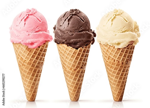 Chocolate, vanilla and strawberry Ice cream in the cone on white background.